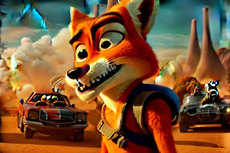 Image similar to nick wilde ( from zootopia ), heavily armed and armored facing down armageddon in a dark and gritty reboot from the makers of mad max : fury road