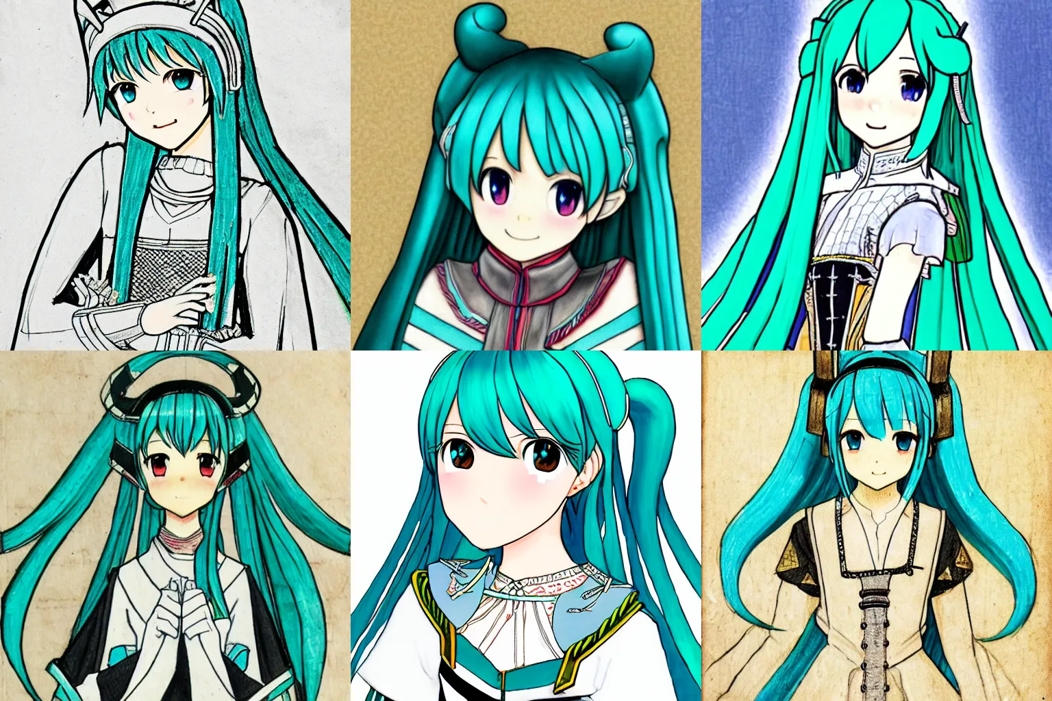 Prompt: Medieval drawing of Hatsune Miku very detailed pixiv portrait