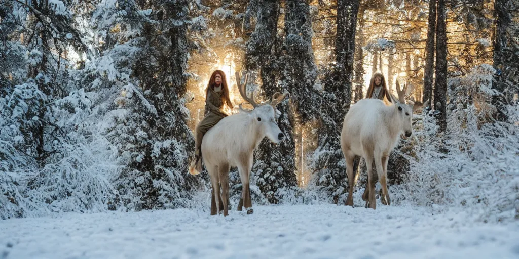 Prompt: photo of a tiny human like elf riding on the back of an albino elk thru an enchanted forest, majestic!!! beautiful!!!, ethereal!!!, loving, ultra realistic, winter, golden hour, volumetric lighting, sharp focus