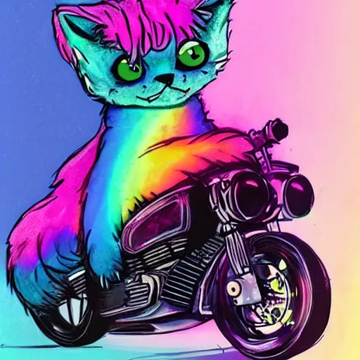 Image similar to wide angle full body, jacket wearing fluffy cute rainbow kitten wearing a black leather motorcycle jacket, concept art