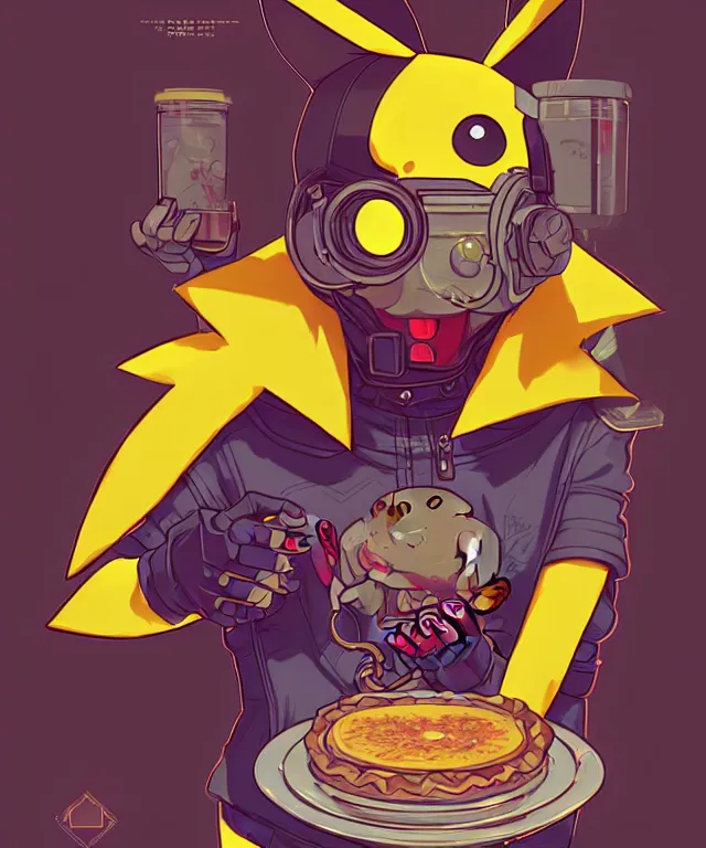 Prompt: a portrait of an anthropomorphic cyberpunk pikachu eating pie, cyberpunk!, fantasy, elegant, digital painting, artstation, concept art, matte, sharp focus, illustration, art by josan gonzalez