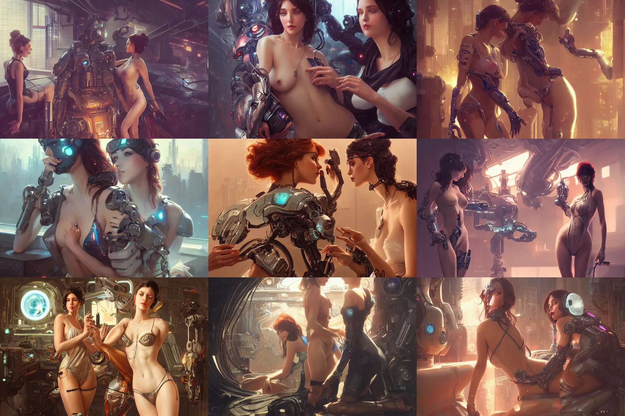 Prompt: Ultra realistic illustration, two sexy women seducing a robot, cyberpunk, sci-fi, fantasy, intricate, elegant, highly detailed, digital painting, artstation, concept art, smooth, sharp focus, illustration, art by artgerm and greg rutkowski and alphonse mucha