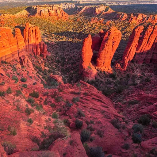 Image similar to bottom-up view from a huge deep red rock canyon in Sedona, in the evening light ultra detailed by National Geographic style, golden hour, atmospheric lighting, 8k resolution, best color graded, vray beautiful, hyper-realistic render W 1080 H 1080