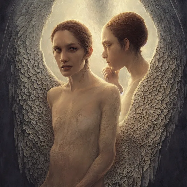 Prompt: angel watching demon, 3 d render, esao andrews, artstation, high face symmetry, intricate, masterpiece, award winning, high face symmetry, intricate, digitalillustration, by greg rutkowski