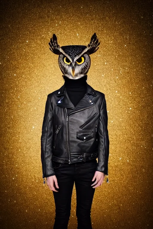 Prompt: front of owl wearing black biker jacket, portrait photo, full body, backlit, studio photo, golden ratio, starry background, black jacket, no human