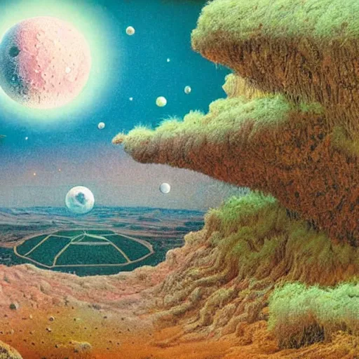 Image similar to a landscape on the moon with many craters, barren moon landscape, in a big crater at the center there is a beautiful flowering garden, 8 k, bokeh, lowbrow in the style of martin johnson heade and daniel merriam and roger dean,