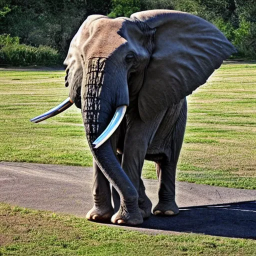 Image similar to elephant standing and holding a huge metal pipe