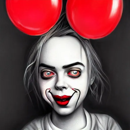 Prompt: surrealism grunge cartoon portrait sketch of billie eilish with a wide smile and a red balloon by - michael karcz, loony toons style, pennywise theme, horror style, detailed, elegant, intricate