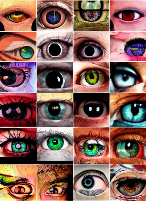 Image similar to grid montage of eyes, detailed colored textures, eyelashes, advanced art, art styles mix, from wikipedia, wet reflections in eyes, sunshine lighting, hd macro photograph, from side, various eyelid positions, black sphere pupil centered