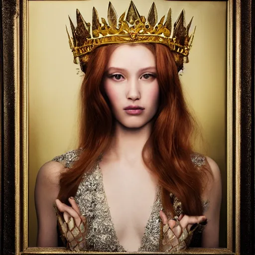 Prompt: oil on canvas portrait of ethereal ginger beauty queen with an orchid crown, silver and gold intrincate mandelburg patterns, smooth, zenithal lighting, photo studio composition, by artgerm, greg rutkowski and WLUM.