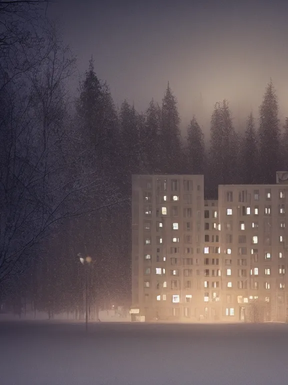 Image similar to award - winning photo of low soviet residential building, russian suburbs, lights are on in the windows, deep night,, cozy atmosphere, winter, heavy snow, light fog, streetlamps with orange light, volumetric light, several birches nearby, elderly people stand at the entrance to the building, mega detailed, unreal render