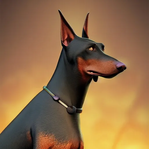Image similar to portrait of an antropomorphic doberman creature, black hair, human body, angry look, ready for battle, masterpiece, mattepainting concept blizzard pixar maya engine on cold night stylized background splash comics global illumination lighting artstation by samwise didier