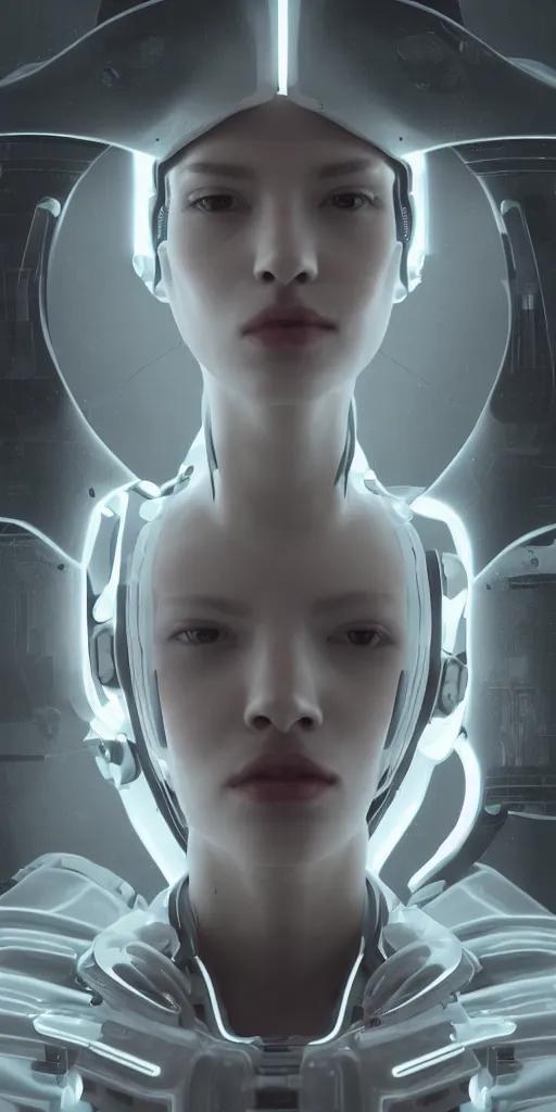 Image similar to white one cast futuristic biomechanics futuristic humanoid, beautiful face, female, futuristic, neon lights, cyberpunk, 8 k, digital painting, by beeple and makoto shinkai, trending on cg society, glamour pose, fashion photography, high fashion, canon r 3, photorealistic, hyper realistic, full body, wide angle shot