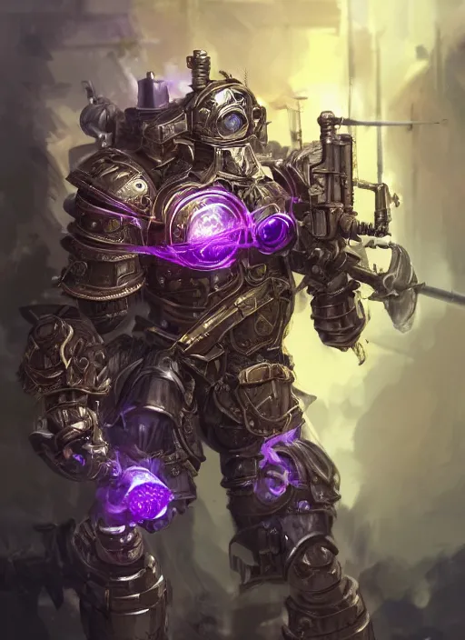 Image similar to a highly detailed illustration of dieselpunk cyber knight with flowing flaming plume with machine gun arms, rigid bulky armor, purple glowing cracks in armor, dramatic standing pose, intricate, elegant, highly detailed, centered, digital painting, artstation, concept art, smooth, sharp focus, league of legends concept art, WLOP