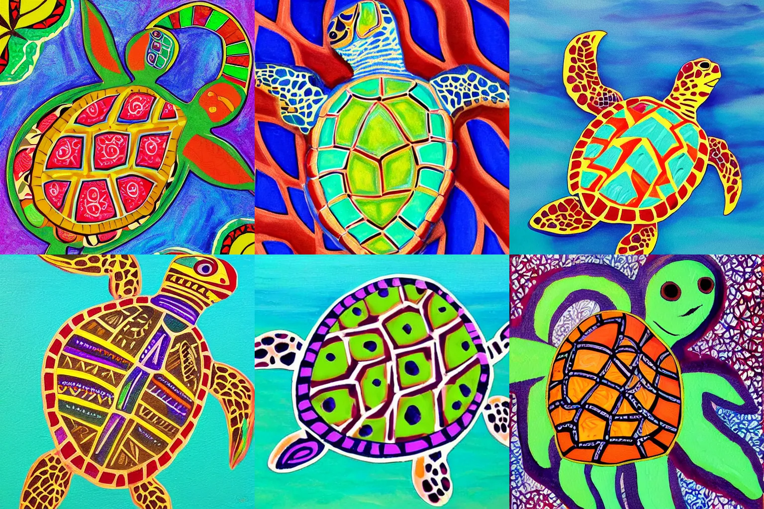 Prompt: colorful painting of sea turtle with intricate tribal designs on shell