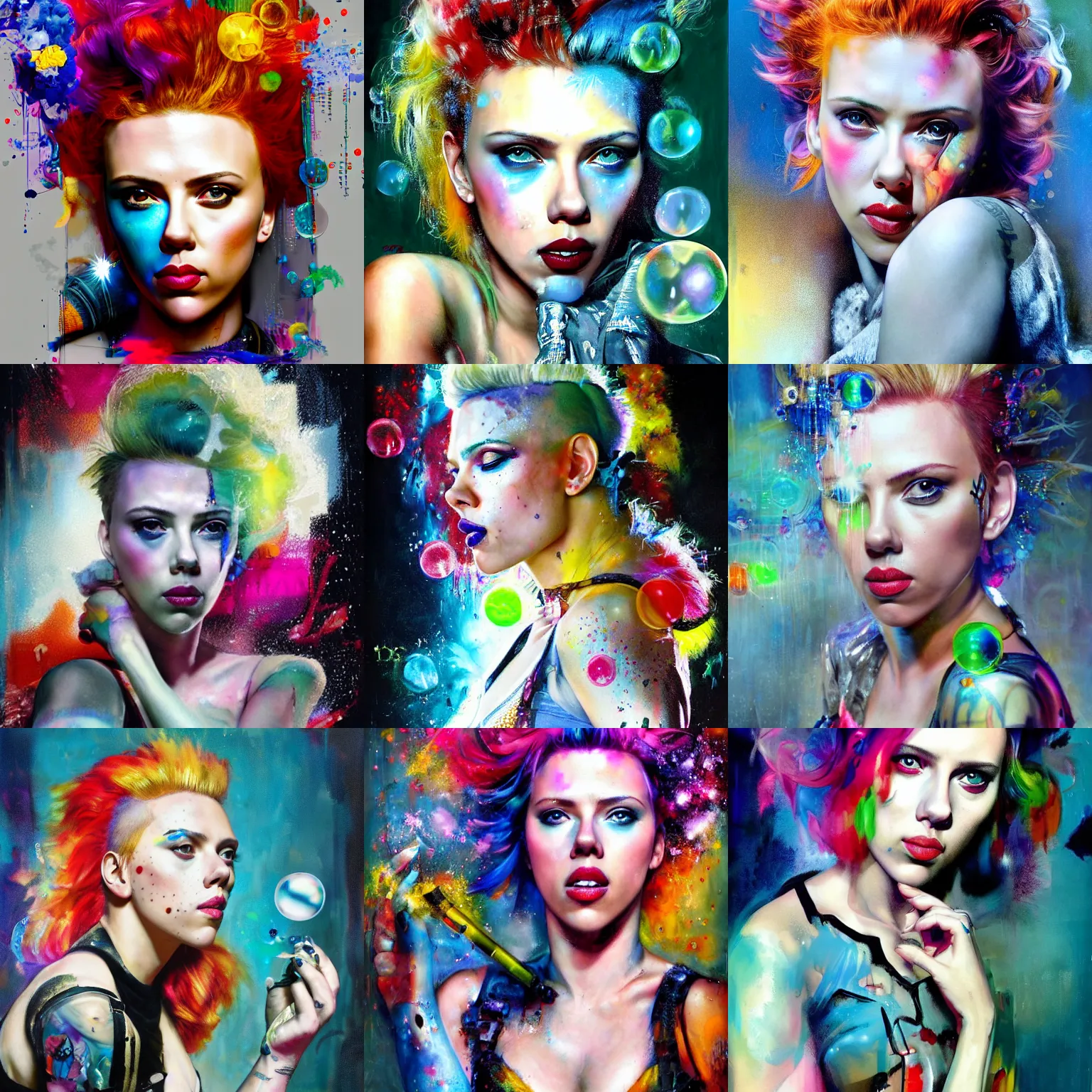Prompt: scarlett johansson as delirium from sandman, ( hallucinating colorful soap bubbles ), by jeremy mann, by sandra chevrier, by jean giraud and richard avedon, punk rock, tank girl, high detailed, 8 k