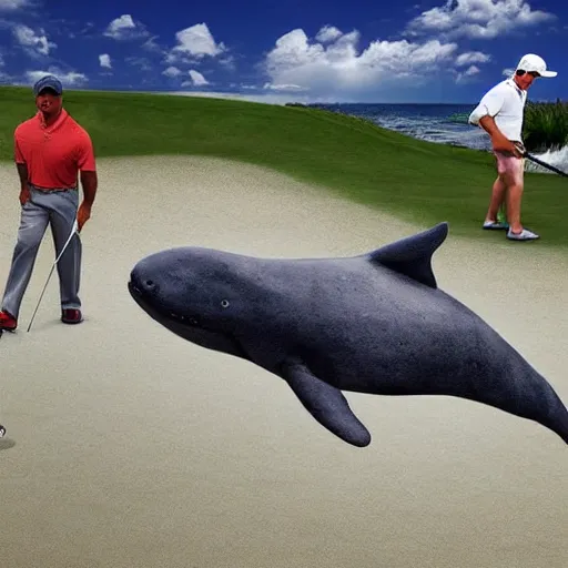 Image similar to highly detailed winning photo of a midget golfer riding a beached whale. the crowd is cheering him as tiger woods looks on in defeat. highly detailed render, photorealistic, photography