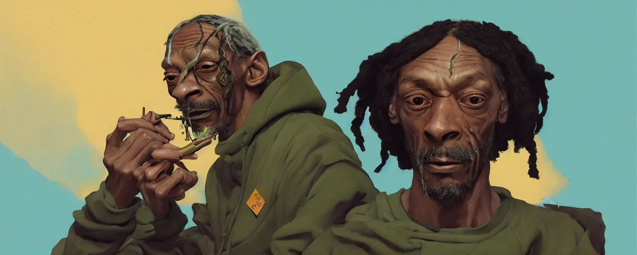 Prompt: duotone olive illustration 3 / 4 portrait of gollum smoking joints with snoop dogg composition accidental renaissance golden ratio. by sachin teng and sergey kolesov and ruan jia and heng z. graffiti art, scifi, fantasy, hyper detailed. octane render. concept art. trending on artstation