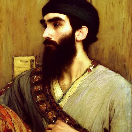 Image similar to orientalist painting of a balding bearded man with a square jaw intricate portrait by john william waterhouse and Edwin Longsden Long and Theodore Ralli and Nasreddine Dinet, oil on canvas. Cinematic, hyper realism, dramatic lighting, high detail 8k