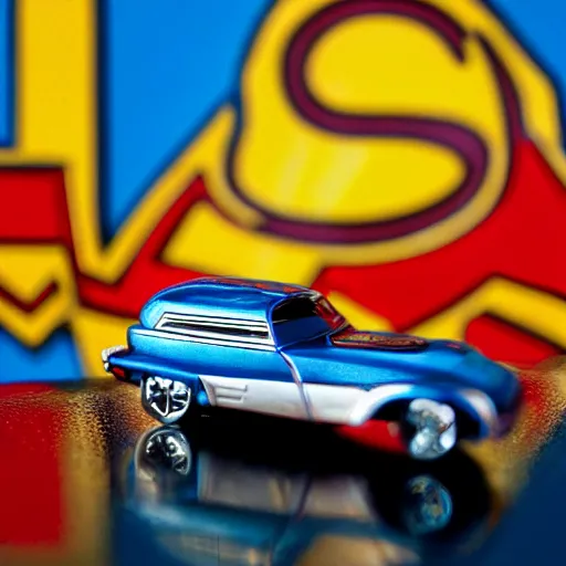 Prompt: 3 5 mm photo of metallic superman car like hot wheels model with a new york as background