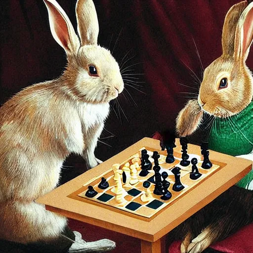 Image similar to rabbits drinking tea and playing chess. Painting of rabbits in sweaters by James Gurney (charming illustration of two cute rabbit gentlemen).