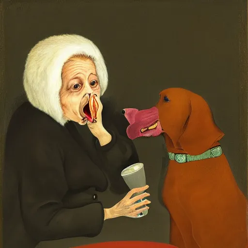 Prompt: a surreal absurdist image of an old woman swallowing a dog