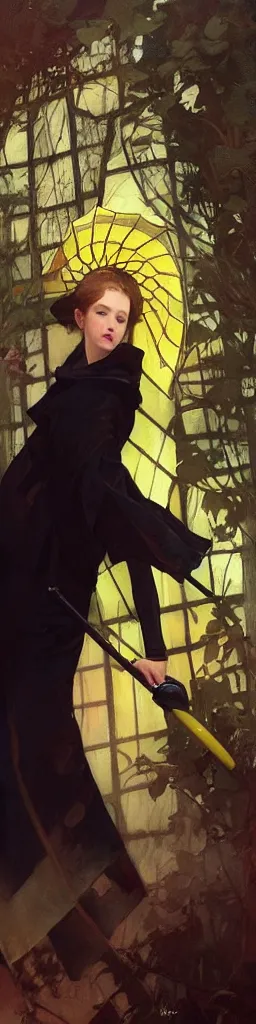 Image similar to A very tall, slender woman wearing black puffy clothes and holding a yellow umbrella, sharp focus, intricate, elegant, digital painting, artstation, matte, highly detailed, concept art, illustration, ambient lighting, art by artgerm, Alphonse mucha, and Greg Rutkowski