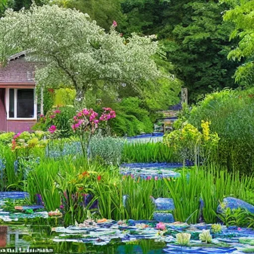 Image similar to A beautiful cottage with a lush front yard, with a flower patch and a flowing river in the style of Monet