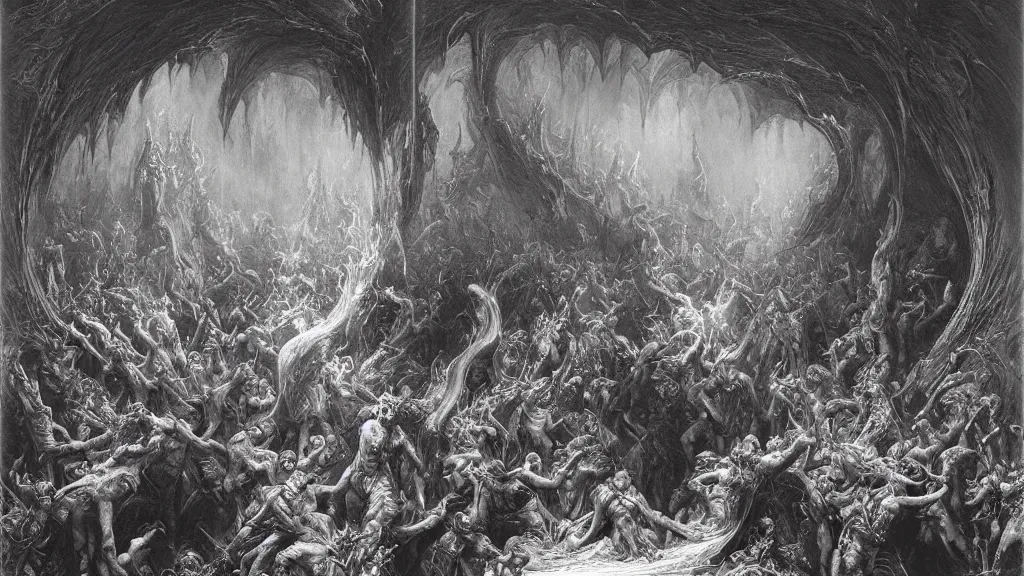 Prompt: satans fall from paradise into hell by gustave dore, james ryman, wayne barlowe. muted color