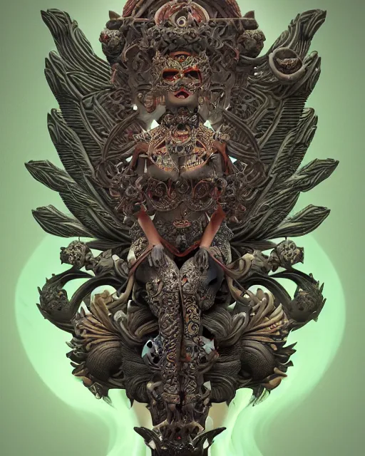 Prompt: 3 d ornate carved goddess with tattoos profile portrait, sigma 5 0 0 mm f / 5. beautiful intricate highly detailed quetzalcoatl skull. bioluminescent, plasma, lava, ice, water, wind, creature, thunderstorm! artwork by tooth wu and wlop and beeple and greg rutkowski, 8 k trending on artstation