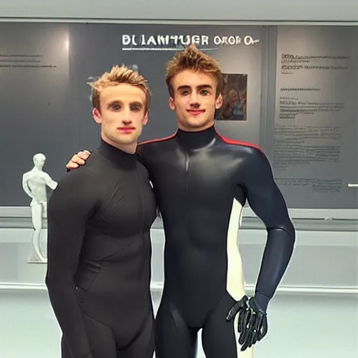 Image similar to “a realistic detailed photo of a guy who is an attractive humanoid who is half robot and half humanoid, who is a male android, British diver Jack Laugher & Chris Mears, shiny skin, posing like a statue, blank stare, at the museum, on display”