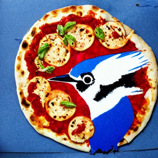 Prompt: bluejay eating pizza