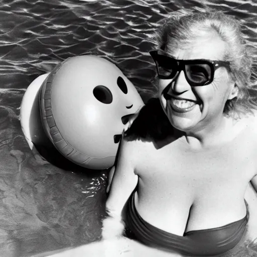 Image similar to 1981 woman on tv show wearing a happy squishy inflatable prosthetic mask, soft color wearing a swimsuit at the beach 1981 color film 16mm holding a an inflatable fish Fellini John Waters Russ Meyer Doris Wishman old photo