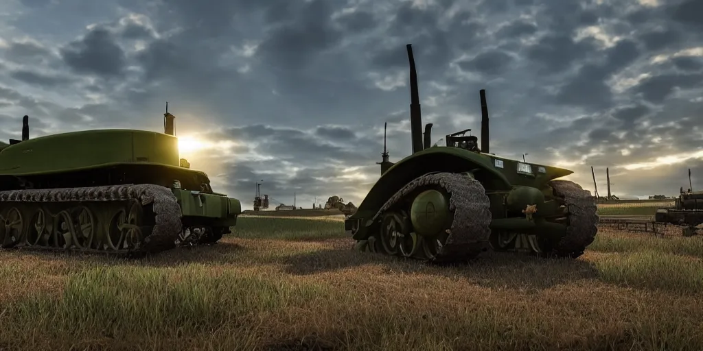 Image similar to tank and tractor standing close to each other, highly detailed, photorealistic portrait, bright studio setting, studio lighting, crisp quality and light reflections, unreal engine 5 quality render