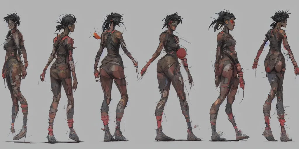 Image similar to cartoonish female character running, vivid colors, character sheet, fine details, concept design, contrast, kim jung gi, greg rutkowski, trending on artstation, 8 k, full body, turnaround, front view, back view, ultra wide angle