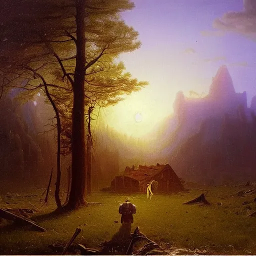Image similar to Visions of the Past: Landscapes by Simon Stålenhag and Albert Bierstadt, oil on canvas