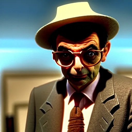 Prompt: mr. bean as raul duke from the fear and loathing in las vegas movie. movie still. cinematic lighting.