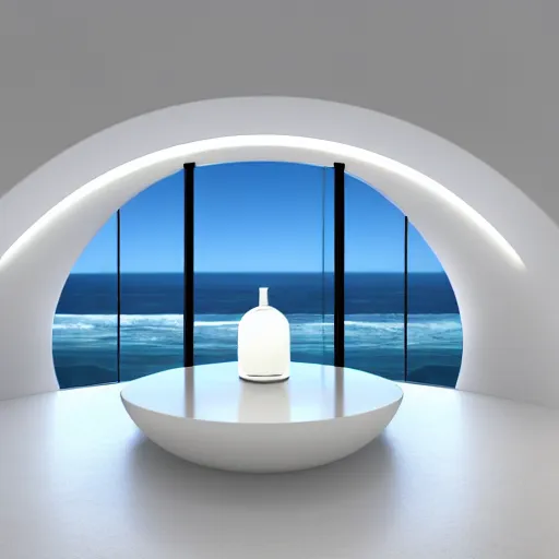 Image similar to perfume bottle on a white zen clean modern minimalist white counter in front of large circular portal with ocean view, frozen and covered in ice, by peter tarka in an ivory room well contoured smooth fair walls, zaha hadid octane highly render, 4 k, ultra hd,