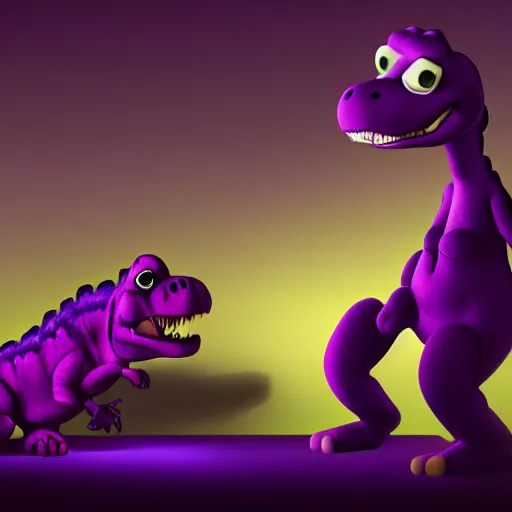 Prompt: barney the dinosaur in a dim purple lit room, melancholy, trending on artstation