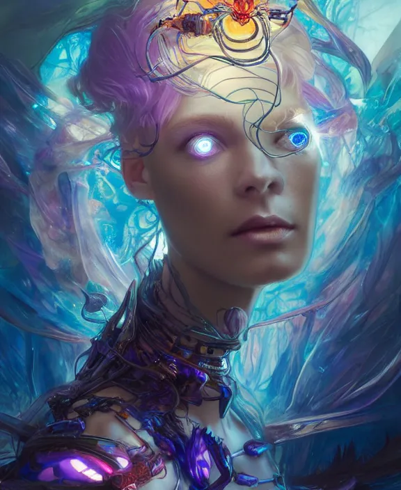 Image similar to a whirlwind of souls rushing inside the metaverse, half body, glowin eyes, tiara with sapphire, insect, android, cyberpunk, d & d, fantasy, intricate, elegant, highly detailed, colorful, vivid color, digital painting, artstation, concept art, art by artgerm and greg rutkowski and alphonse mucha and ruan jia