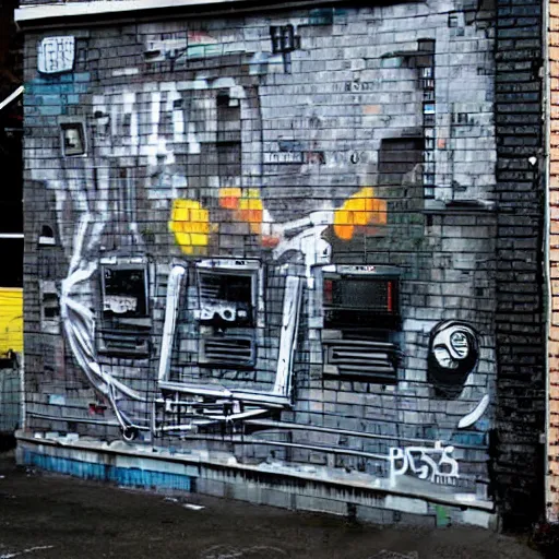 Image similar to Street-art painting of a TB303 in style of Banksy, photorealism