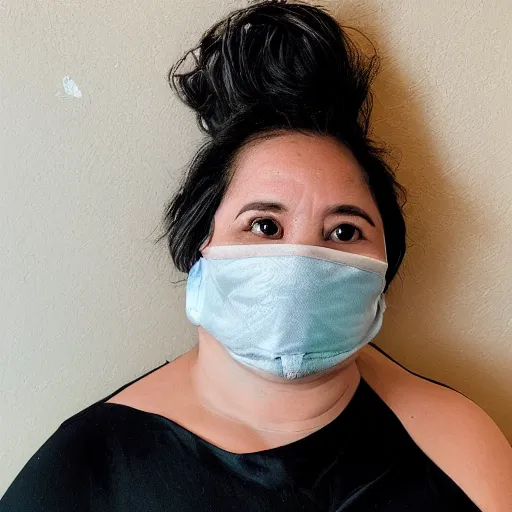 Prompt: a woman with a mask that covers only her forehead