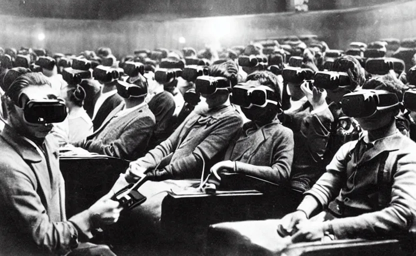 Image similar to 1 9 0 0 s photo of people using iphones ipods virtual reality headsets vr in a movie theater masterpiece