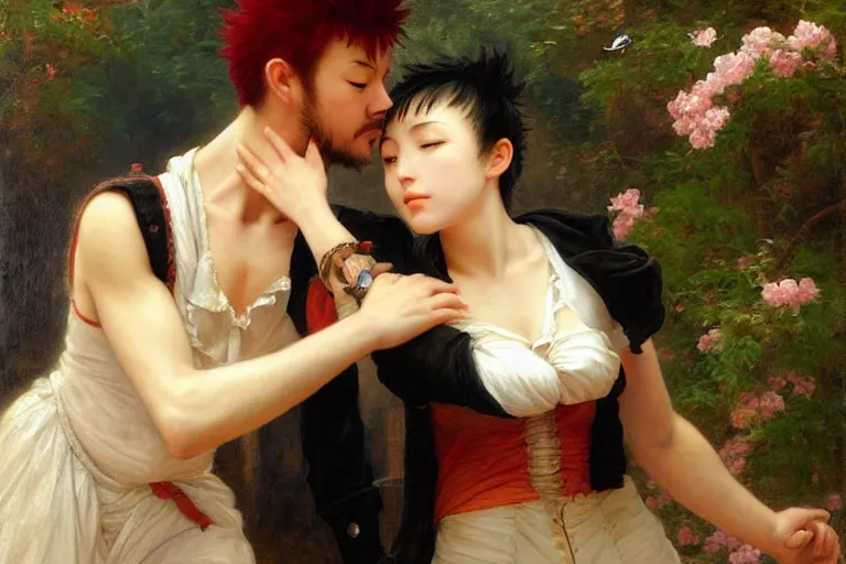 Prompt: an oil painting of [ leon kuwata and sayaka maizono from danganronpa ], painted by [ pierre auguste cot ], very romantic, [ very beautiful and loving ] beautiful textures, punk style, dynamic lighting, couples painting, warm embrace, [ a young japanese couple ], [ realistic and detailed ]