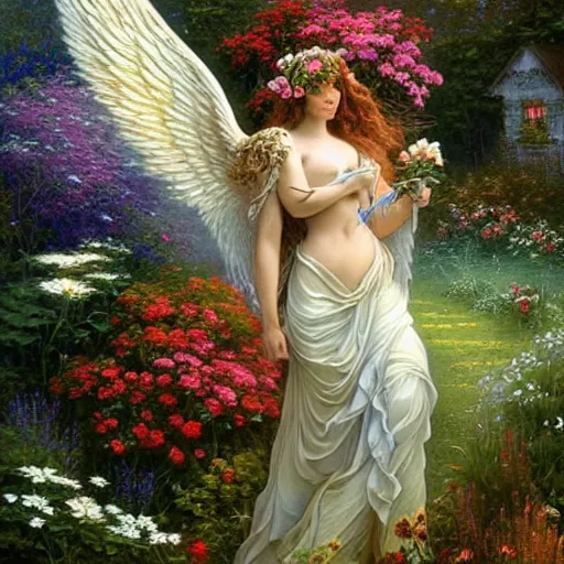 Prompt: a majestic male angel with large wings covered in plants and flowers standing in front of a beautiful cottage, an oil painting by ross tran and thomas kincade