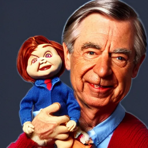 Image similar to photorealistic Mr. Rogers holding the Chucky doll from the movie Child's Play