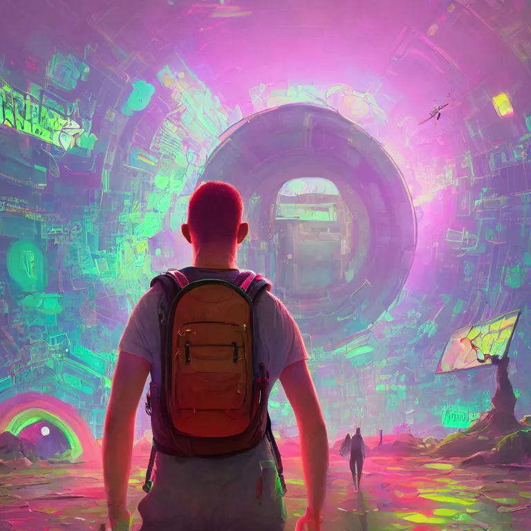 Prompt: A man wearing a backpack, looking through a portal, a vibrant world through the portal, bass music, rave, music festival, Detailed digital matte painting in the style of simon stalenhag, artstation, psychedelic