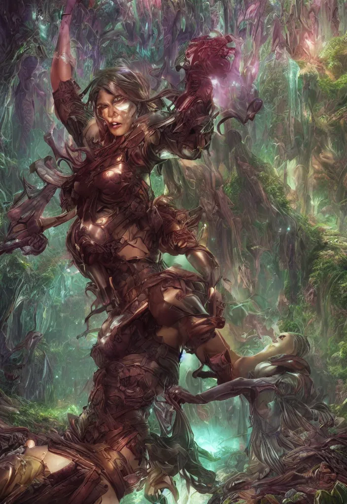 Image similar to comic book cover, fantasy crystal forest ,highly detailed, professional digital painting, Unreal Engine 5, illustration, HD quality, 8k resolution, cinema 4d, cinematic, professional photography, art by artgerm