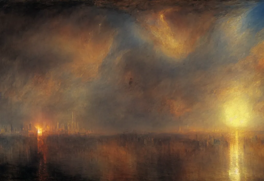 Prompt: a nuclear warhead detonating over the manhattan skyline in the style of william turner. dramatic concept art, 4k, high detail, volumetric lighting