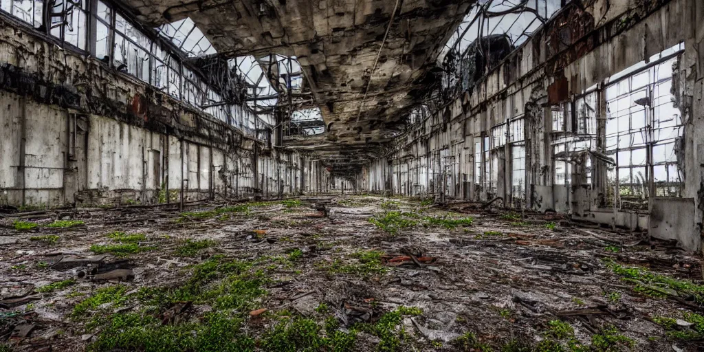 Image similar to urban exploration, abandoned places, urban decay, old factory, rundown industrial area, urban exploration photography, overgrown factory, disused power plant